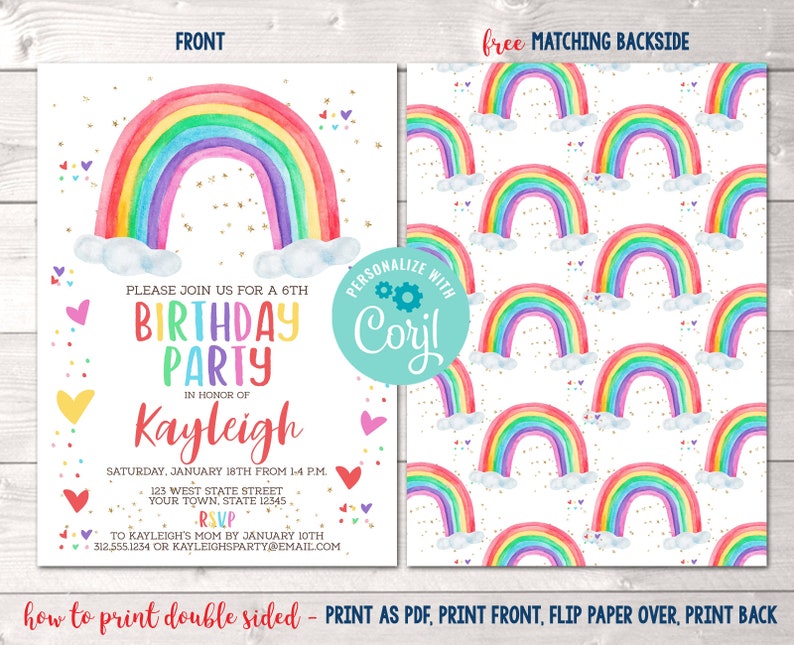 Watercolor Rainbow Instant Download Birthday Party Invitation, Editable Rainbow & Hearts Birthday Party Invite, Printable Birthday Invite image 2