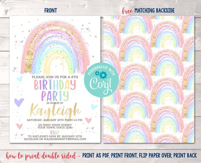 Instant Download Rainbow Birthday Party Invitation, Editable Girls Birthday Party Invite, Printable Rainbow Birthday Party Invitation Corjl image 2
