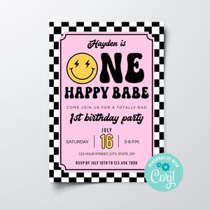 Retro Smiley Face 1st Birthday Invitation: Editable One Happy Babe (Digital)