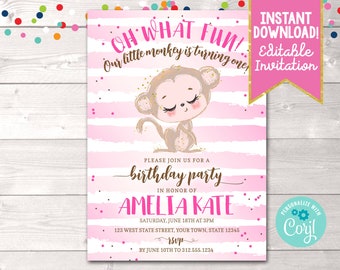 Editable Little Monkey Girls 1st Birthday Party Invitation, Printable Pink Monkey Girls First Birthday Invite Instant Download Monkey Invite