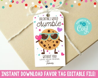 Editable Kids Valentines Day Cards for Classroom Party, Printable Chocolate Chip Cookie Valentines Day Favor Tag Instant Download PDF