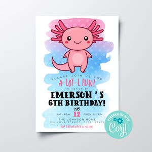 Pink Axolotl Birthday Party Invitation (Editable, Digital Download)