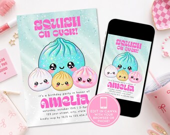 Szablon zaproszenia urodzinowego Squishy Dumplings | Edytowalne zaproszenie na imprezę Canva | Kawaii zaproszenie urodzinowe | Natychmiastowe pobranie do druku