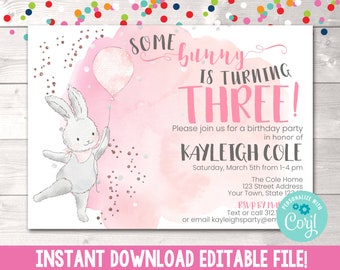 Editable Girls Pink Bunny Birthday Party Invite, Instant Download Some Bunny Birthday Party Invitation, Printable Easter Birthday Invitation