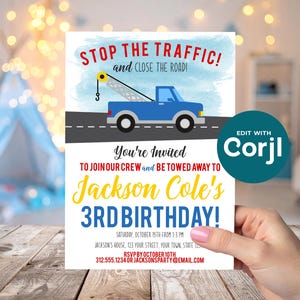 Tow Truck Birthday Invitation, Truck Theme Party Invite, Boys Birthday Invitation, Tow Truck Party, Printable Kids Birthday image 6