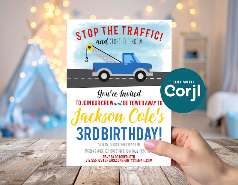 Tow Truck Birthday Invitation, Truck Theme Party Invite, Boys Birthday Invitation, Tow Truck Party, Printable Kids Birthday image 6