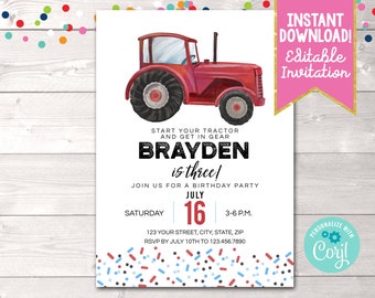 Instant Download Boys Tractor Birthday Party Invitation, Editable Boys Red Tractor Birthday Party Invite Printable Invitation, Farm Invite