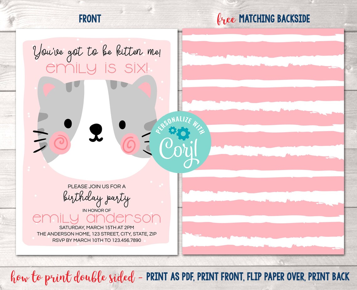 Instant Download Kitten Birthday Party Invitation Printable | Etsy