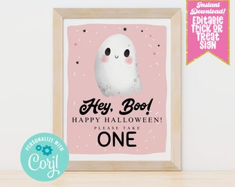 Instant Download Editable Halloween Trick or Treat Sign, Cute Pink Girls Ghost Editable Halloween Candy Trick or Treating Sign Printable PDF