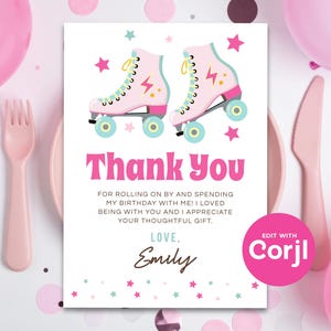 Roller Skating Birthday Thank You Card: Retro Girl Party (Editable, Instant Download)