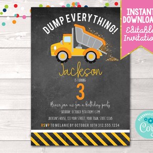 Dump Truck Birthday Party Invitation, Editable Boys Construction ...