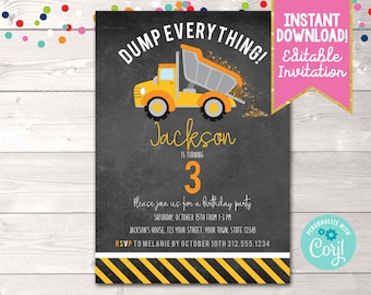 Dump Truck Birthday Party Invitation, Editable Boys Construction Birthday Party Invitation, Printable Boys Birthday Invite Instant Download