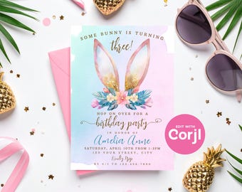 Floral Bunny Birthday Invitation: Girls Easter Party (Editable, Instant Download)