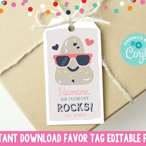 Editable Valentines Day Favor Tag, Printable Our Friendship Rocks Valentines Day Card, Instant Download Girls Boys Valentines Day Gift Tag