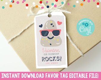 Editable Valentines Day Favor Tag, Printable Our Friendship Rocks Valentines Day Card, Instant Download Girls Boys Valentines Day Gift Tag