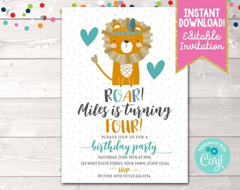 Editable Boys Lion Birthday Party Invitation Instant Download Lion 4th Birthday Party Invite Printable Lion Fourth Birthday Party Invitation
