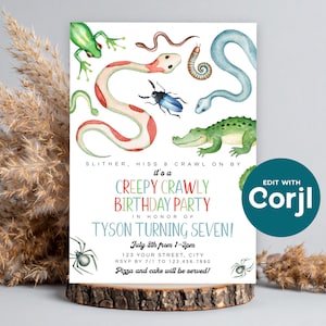 Reptile Birthday Party Invitation: Snakes, Spiders, Frog (Printable) Print or Text image 1