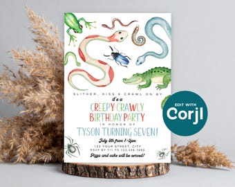 Reptile Birthday Party Invitation: Snakes, Spiders, Frog (Printable) Print or Text
