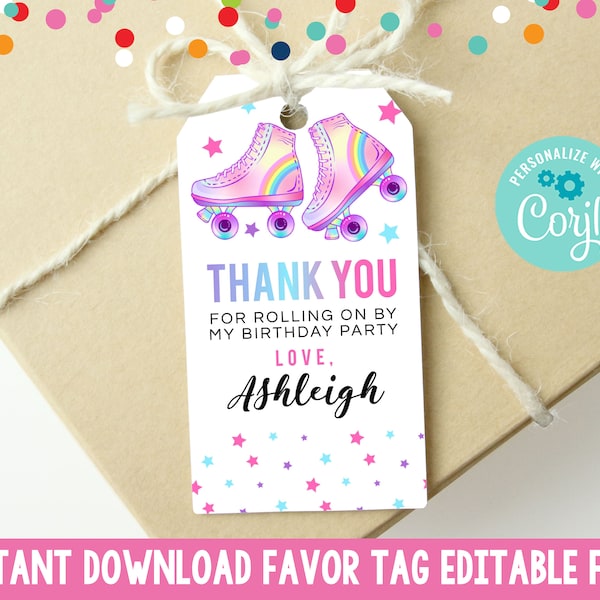 Editable Roller Skating Birthday Party Favor Tag, Printable Girls Roller Skating Party Favor Tags Instant Download, Roller Skates Gift Tag