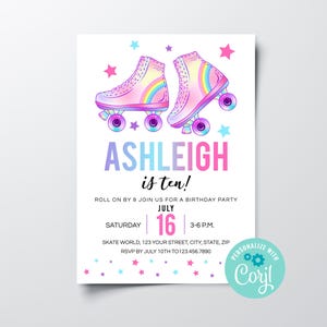 Editable Roller Skating Birthday Party Invitation, Printable Girls Roller Skating Party Invite, Instant Download 80&#39;s 90&#39;s Birthday Invite