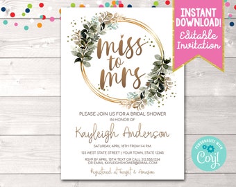 Instant Download Miss to Mrs Bridal Shower Invitation, Floral Wreath Bridal Shower Invite, Greenery Bridal Shower Invitation Editable PDF