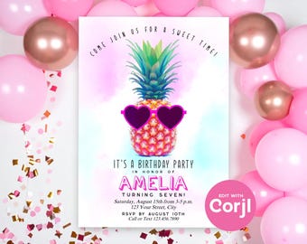 Convite de Aniversário Abacaxi Doce: Convite Editável para Festa de Verão (Download Digital) Imprimir ou Enviar por Texto