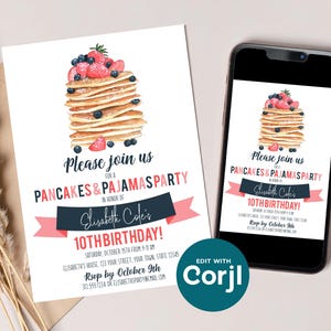 Pancakes & Pajamas Birthday Invitation | Pajama Party Invite | Editable Corjl Template image 2