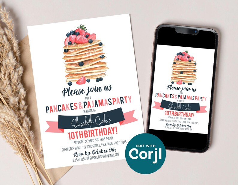 Pancakes & Pajamas Birthday Invitation | Pajama Party Invite | Editable Corjl Template image 2