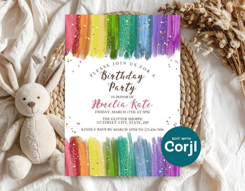 Rainbow Glitter Birthday Invitation, Colorful Girls Birthday Party Invite, Sparkle Rainbow Kids Birthday, Printable Party Invite image 11