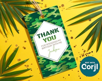 Etiquetas editables de camuflaje para recuerdos de cumpleaños (descarga digital)