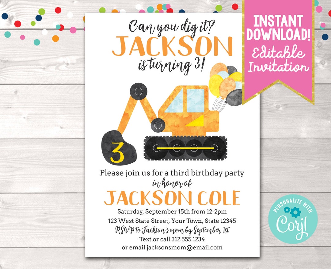 Editable Construction Birthday Party Invitation, Printable Digger ...
