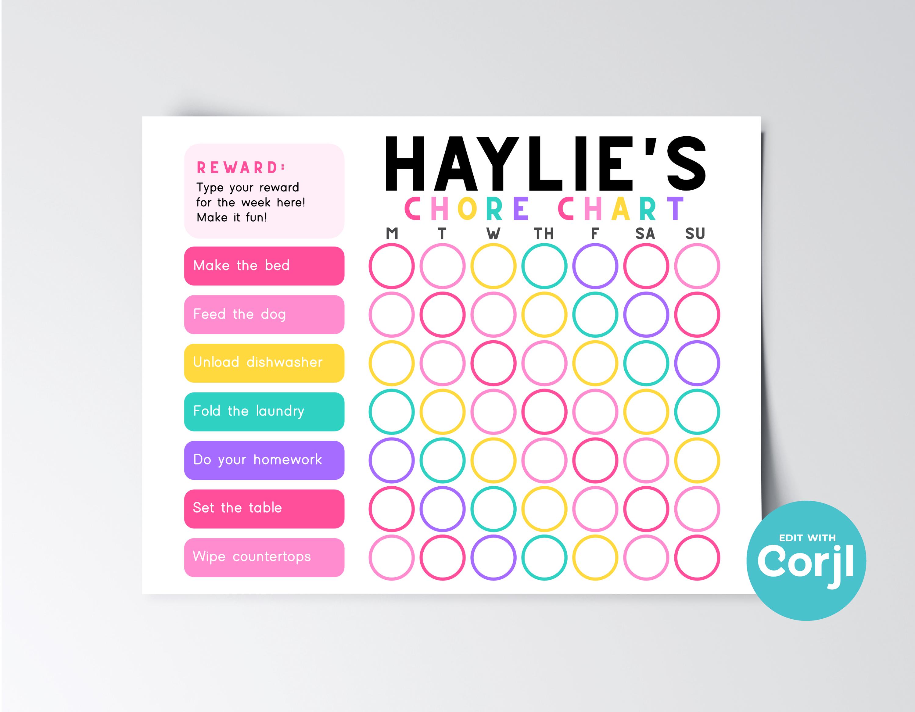 Editable Girls Chore Chart | Bright Responsibility Reward Chart for ...