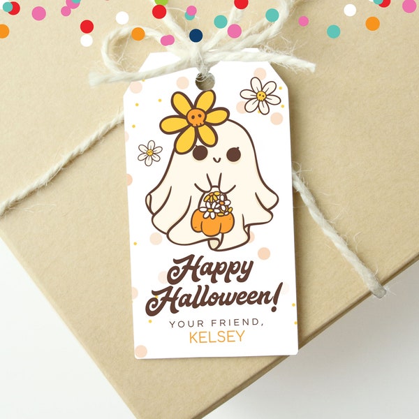 Editable Girls Halloween Favor Tag, Instant Download Trick or Treat Favor Tag, Printable Cute Daisy Ghost Halloween Trick or Treat Gift Tag