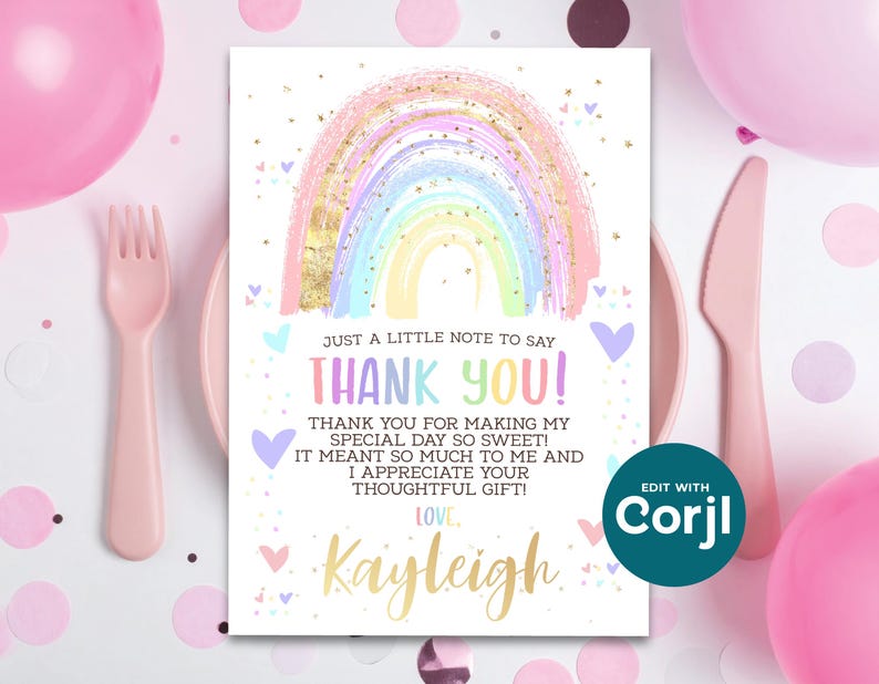 Rainbow Thank You Card: Editable Birthday, Baby Shower (Instant Download) image 6