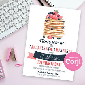 Pancakes & Pajamas Birthday Invitation | Pajama Party Invite | Editable Corjl Template image 5