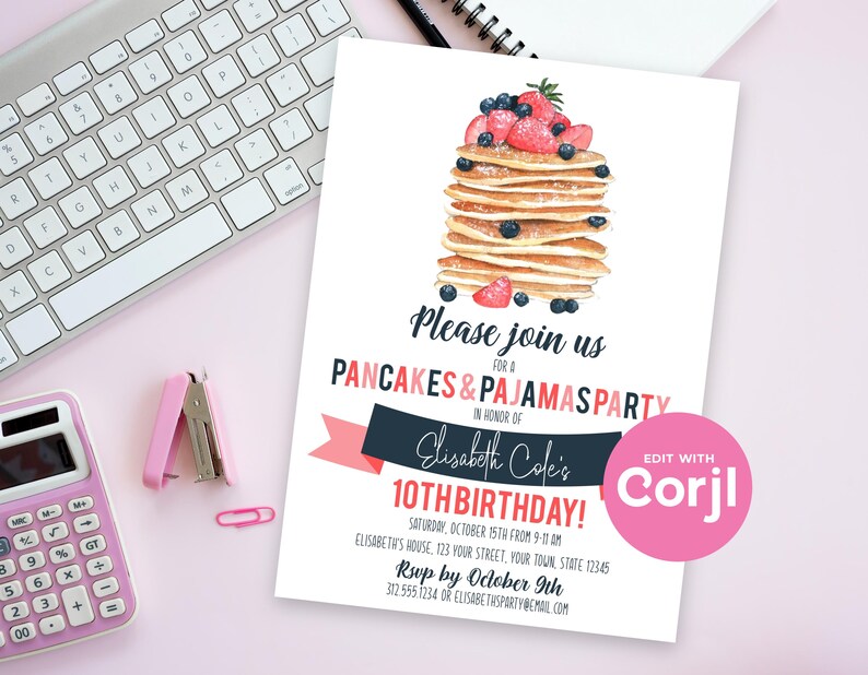 Pancakes & Pajamas Birthday Invitation | Pajama Party Invite | Editable Corjl Template image 5