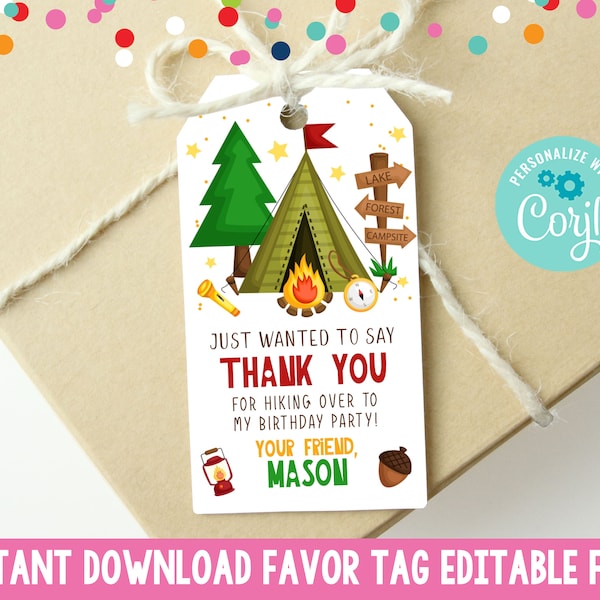 Editable Cute Camping Birthday Party Favor Tag, Printable Boys Camping Wilderness Favor Tag, Instant Download Backyard Camping Gift Tag