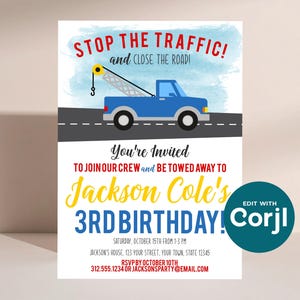 Tow Truck Birthday Invitation, Truck Theme Party Invite, Boys Birthday Invitation, Tow Truck Party, Printable Kids Birthday image 10
