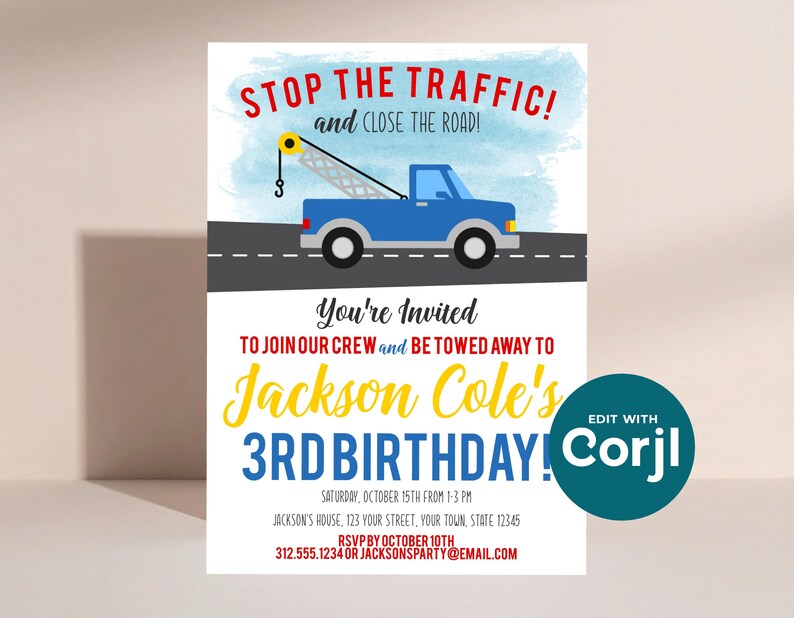 Tow Truck Birthday Invitation, Truck Theme Party Invite, Boys Birthday Invitation, Tow Truck Party, Printable Kids Birthday image 10