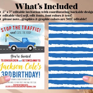 Tow Truck Birthday Invitation, Truck Theme Party Invite, Boys Birthday Invitation, Tow Truck Party, Printable Kids Birthday image 3