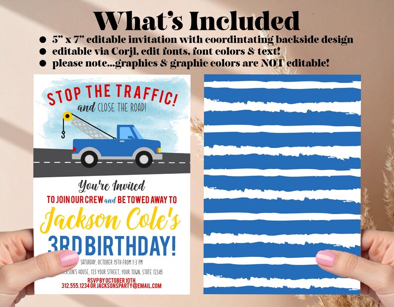Tow Truck Birthday Invitation, Truck Theme Party Invite, Boys Birthday Invitation, Tow Truck Party, Printable Kids Birthday image 3