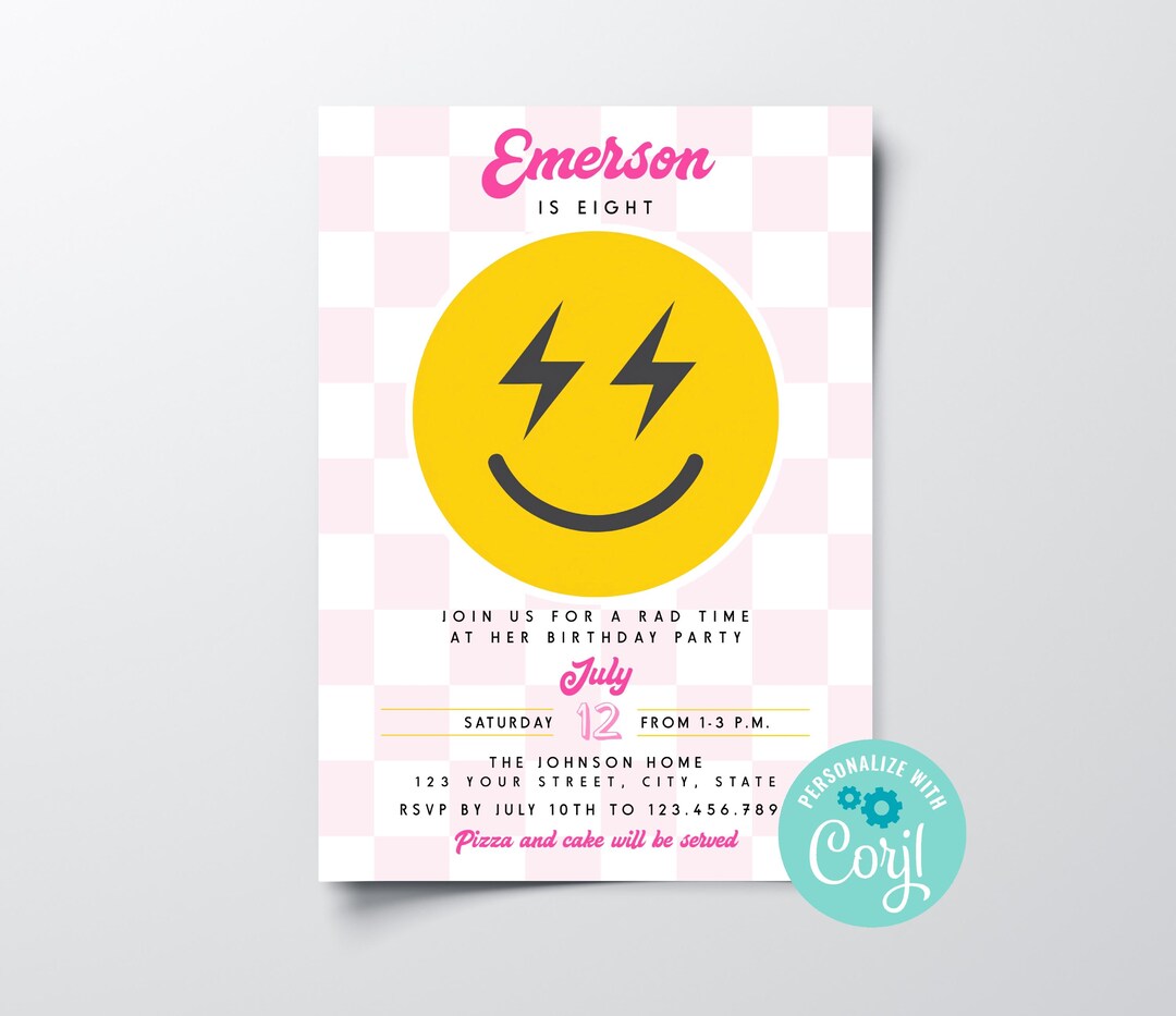 Editable Girls Pink Preppy Smiley Face Birthday Party Invitation ...