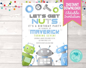 Editable Let's Get Nuts Boys Robot Birthday Party Invitation, Instant Download Printable Robots Nuts and Bolts Birthday Party Invite Blue