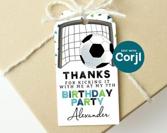 Etiquetas editables para recuerdos de fiesta de cumpleaños de fútbol, descarga instantánea, etiquetas de regalo de fútbol imprimibles Corjl