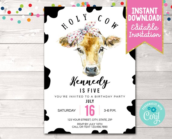 Printable Cow Birthday Party Invitation Editable Girls Farm - Etsy