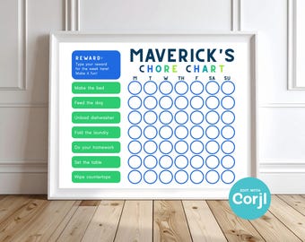 Tabla de tareas para niños editable e imprimible / Tabla de responsabilidades y recompensas para niños / Plantilla Corjl / Descarga instantánea