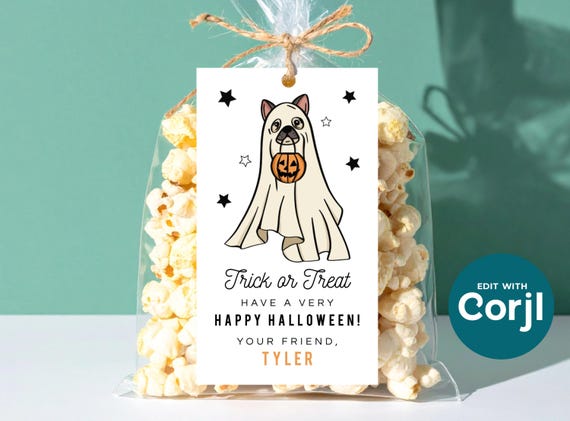 Printable Ghost Dog Halloween Favor Tag, Editable Kids Party (Digital Download)