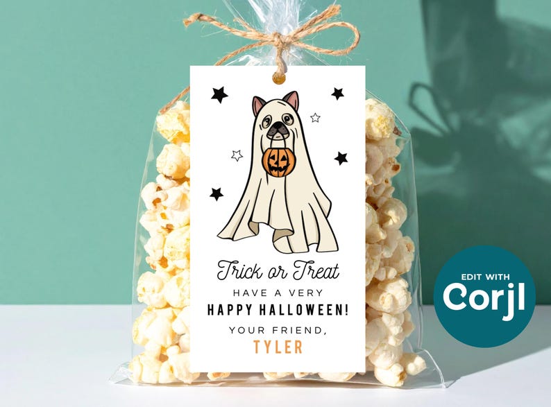 Printable Ghost Dog Halloween Favor Tag, Editable Kids Party (Digital Download) image 1