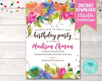 Instant Download Watercolor Flowers Birthday Party Invitation, Editable Floral Birthday Party Invite, Printable Floral Birthday Party Invite