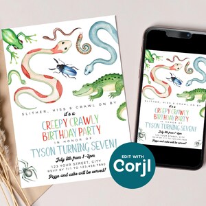 Reptile Birthday Party Invitation: Snakes, Spiders, Frog (Printable) Print or Text image 2